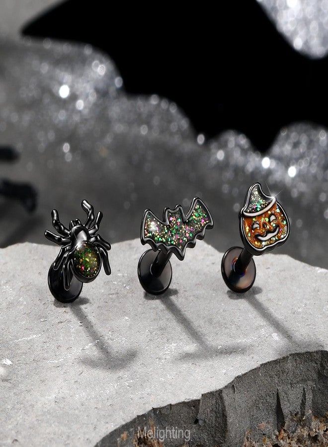 Melighting MeIighting 3PCS 16G Black Helix Earrings, 8 mm Internally Threaded Bat Cartilage Piercing Stainless Steel 316L, Halloween Pumpkin Spider Tragus Flat Back Lobe Stud For Women - Image 3