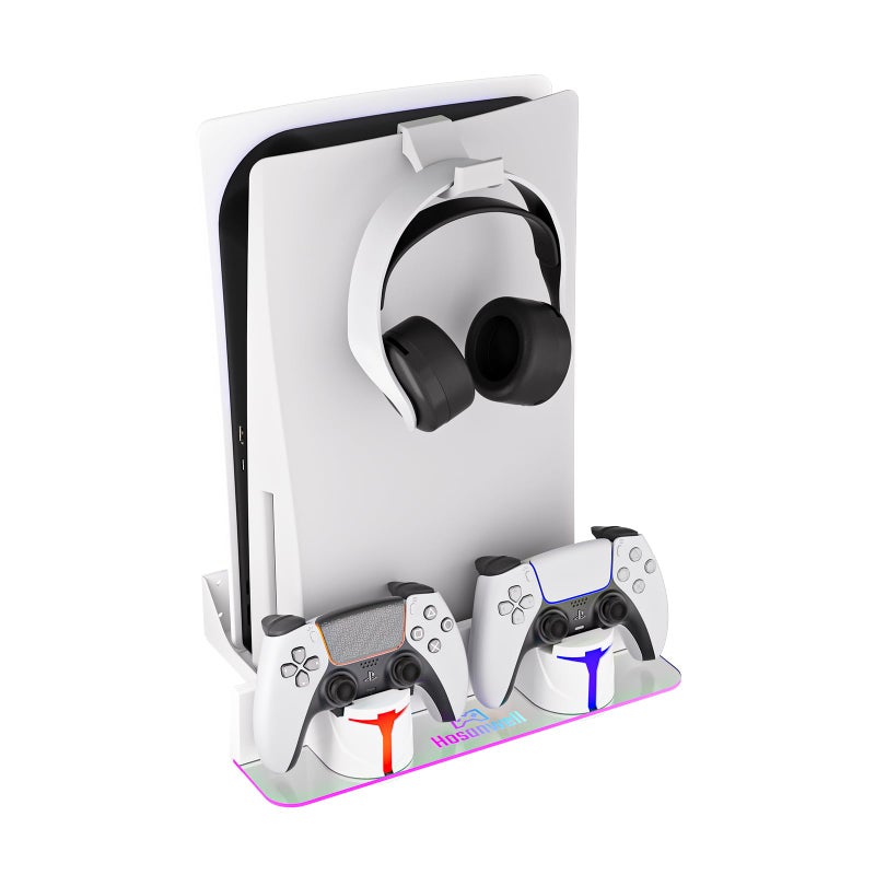 مجموعة تركيب حائط Hosanwell PS5 مع محطة شحن متوافقة مع بلاي ستيشن 5SlimPro النسخة الرقمية المزدوجة مع محطة شحن متعددة الأوضاع مع ضوء RGB متعدد الألوان أبيض