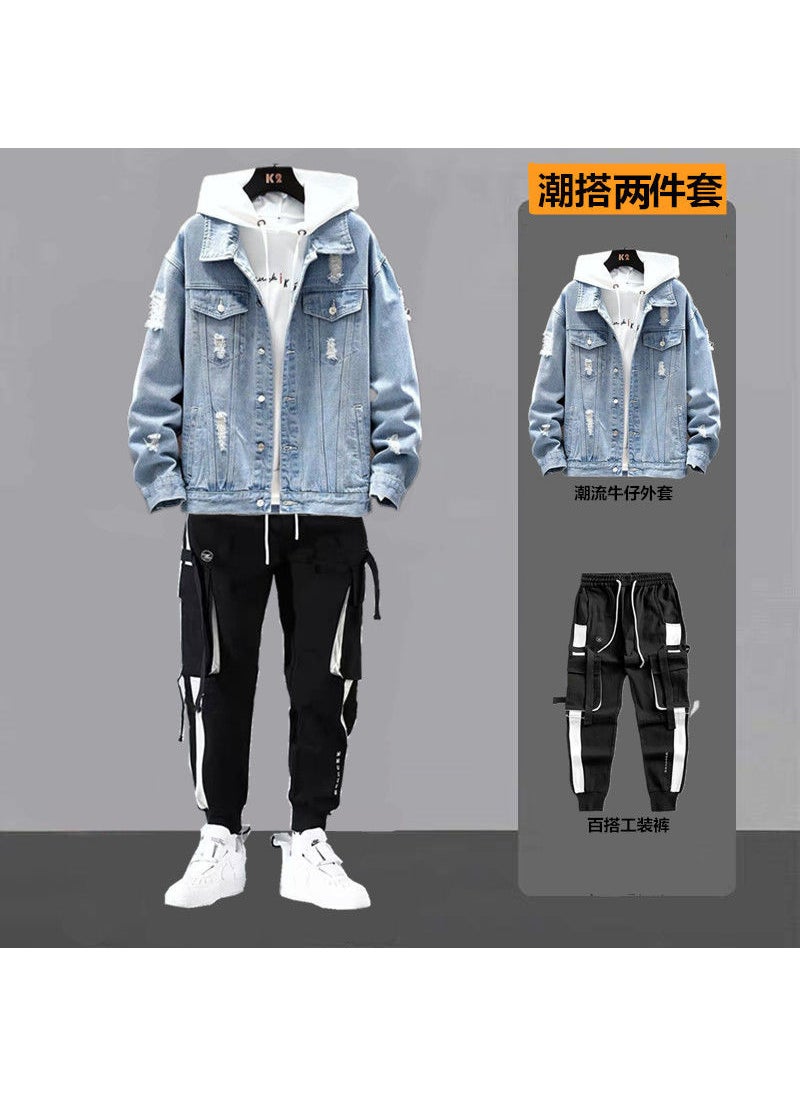 Generic Mens Stylish Spring Denim Suit Jacket with Pants Set 07 light blue + overalls 