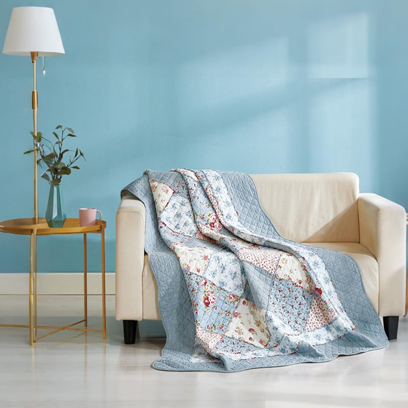 Cozyholy Original 100% Cotton Quilt Queen Size Blue Floral Patchwork Quilted Throw Blanket, Reversible Bedspread Coverlet Vintage Shabby Chic Bedding Quilt for Bed Couch Sofa - Image 2