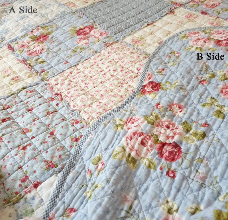 Cozyholy Original 100% Cotton Quilt Queen Size Blue Floral Patchwork Quilted Throw Blanket, Reversible Bedspread Coverlet Vintage Shabby Chic Bedding Quilt for Bed Couch Sofa - Image 3