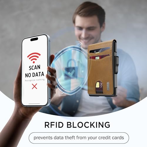 umoven محفظة للرجال - علبة قابلة للفتح، فتحة نقدية، وفتحة بطاقة ائتمان - محفظة ألومنيوم نحيفة مع حجب RFID، محفظة جلدية بسيطة لجيب أمامي مع نافذة هوية (بني) - Image 5