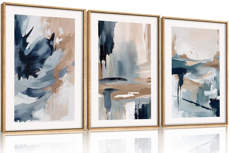 Aryroi Abstract Navy Blue Framed Canvas Wall Art Set,Neutral Brush Stroke Wall Decor,Watercolor Pastel Brown Artwork,Modern Minimalist Color Block Art Print For Living Room,Bedroom,Office-16 x24 x3 - Image 1