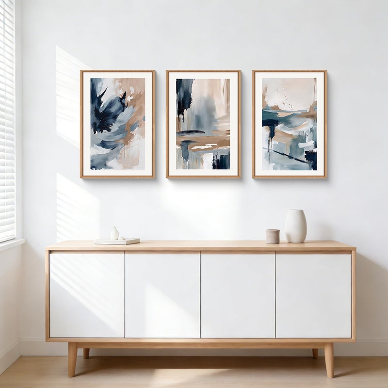 Aryroi Abstract Navy Blue Framed Canvas Wall Art Set,Neutral Brush Stroke Wall Decor,Watercolor Pastel Brown Artwork,Modern Minimalist Color Block Art Print For Living Room,Bedroom,Office-16 x24 x3 - Image 3