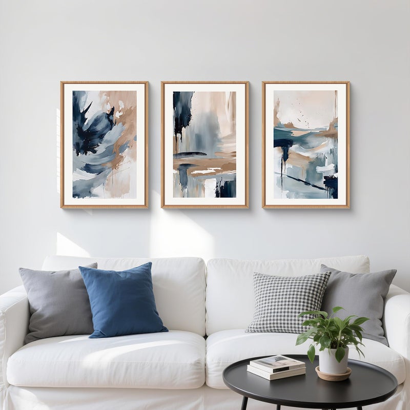 Aryroi Abstract Navy Blue Framed Canvas Wall Art Set,Neutral Brush Stroke Wall Decor,Watercolor Pastel Brown Artwork,Modern Minimalist Color Block Art Print For Living Room,Bedroom,Office-16 x24 x3 - Image 2