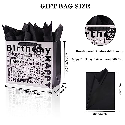JWSCYSY 1Pcs White and Black Large Gift Bags with Tissue Paper Happy Bithday Gift Bag for Men Women Birthday 126 x 1025 x 47 - Image 5