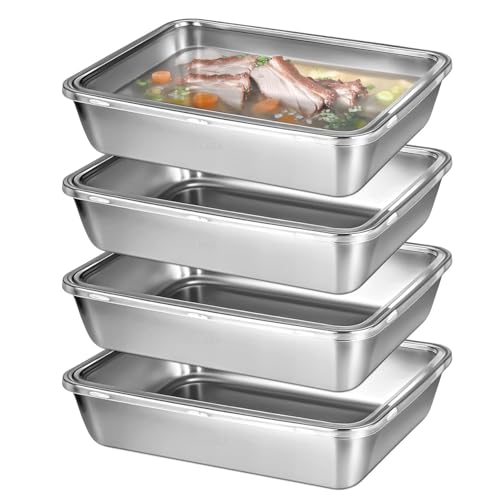 Honbuty 2000ML Stainless Steel Food Storage Container with Transparent Lid |Food Serving and bakingTray for Kitchen, Microwave, Freezer, Dishwasher Safe (Silver, Rectangle) (4) - Image 1