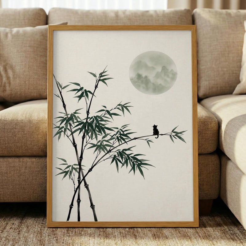 TNESSENTIAL Black Cat Bamboo Print – Minimalist Zen Wall Art, Japandi Botanical Poster, Sumi-e Style Decor, Sage Green Moon, Cat Lover Gift - Image 5