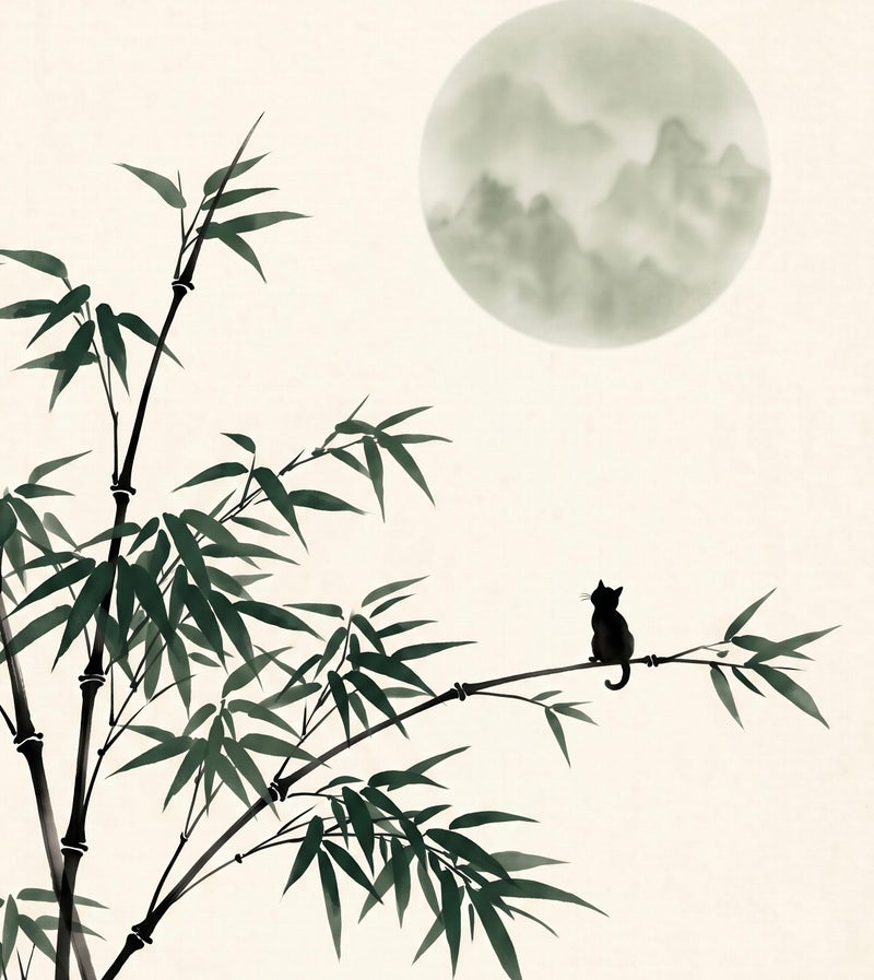 TNESSENTIAL Black Cat Bamboo Print – Minimalist Zen Wall Art, Japandi Botanical Poster, Sumi-e Style Decor, Sage Green Moon, Cat Lover Gift - Image 2