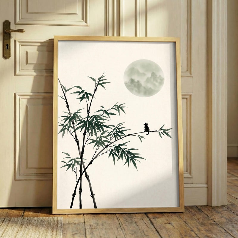 TNESSENTIAL Black Cat Bamboo Print – Minimalist Zen Wall Art, Japandi Botanical Poster, Sumi-e Style Decor, Sage Green Moon, Cat Lover Gift - Image 1