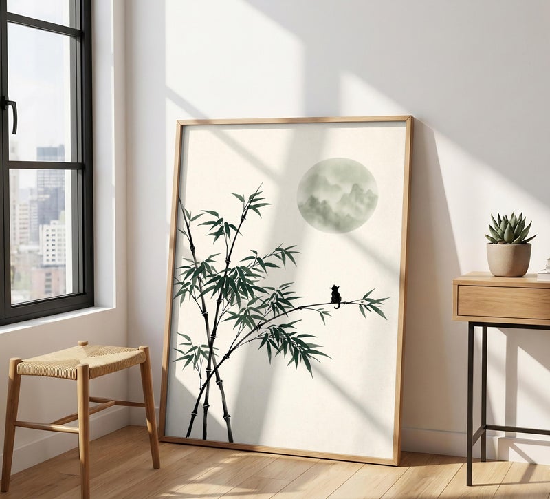 TNESSENTIAL Black Cat Bamboo Print – Minimalist Zen Wall Art, Japandi Botanical Poster, Sumi-e Style Decor, Sage Green Moon, Cat Lover Gift - Image 4