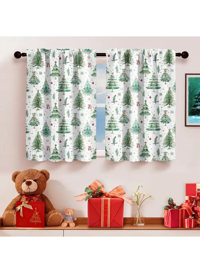 Christmas Forest Curtain Blackout Window Drape Pine Trees Red Green Holiday Design Rod Pocket Machine Washable Polyester Fabric Size W76 L60 - Image 3