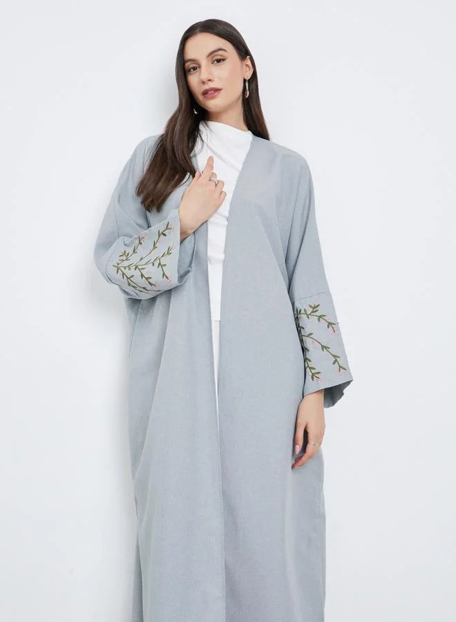 تايك تو Take Two Grey Open Front Embroidered Sleeve Abaya