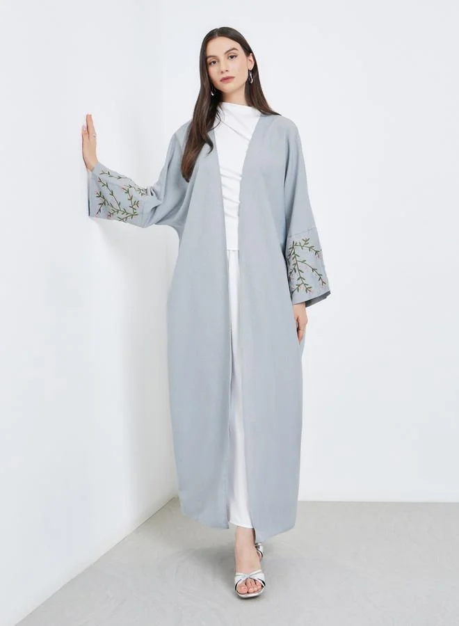 تايك تو Take Two Grey Open Front Embroidered Sleeve Abaya
