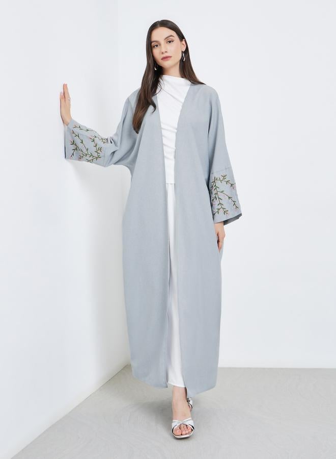 تايك تو عباية رمادية مفتوحة بأكمام مطرزة - Image 1