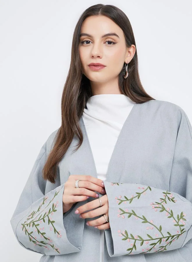 تايك تو Take Two Grey Open Front Embroidered Sleeve Abaya