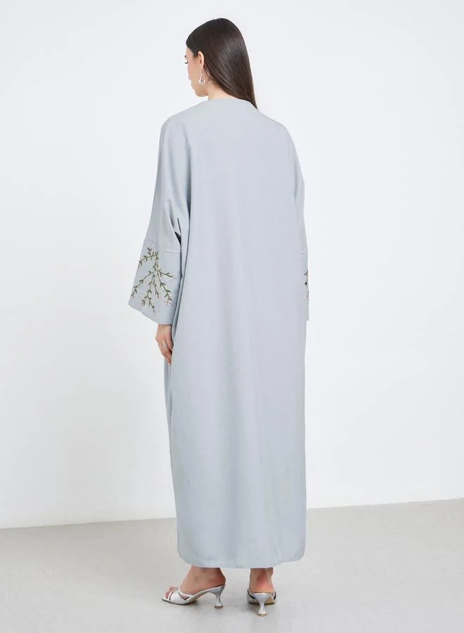 تايك تو Take Two Grey Open Front Embroidered Sleeve Abaya