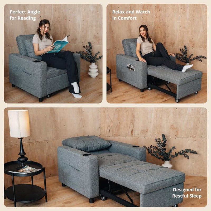 Sky Land Skyland Convertible Chair Sleeper Bed – 3 in 1 Compact Sofa with Cup Holders, Storage Pocket, USB & Type-C Charging Ports, Modern Foldable Lounge Chair (Grey) - Image 3