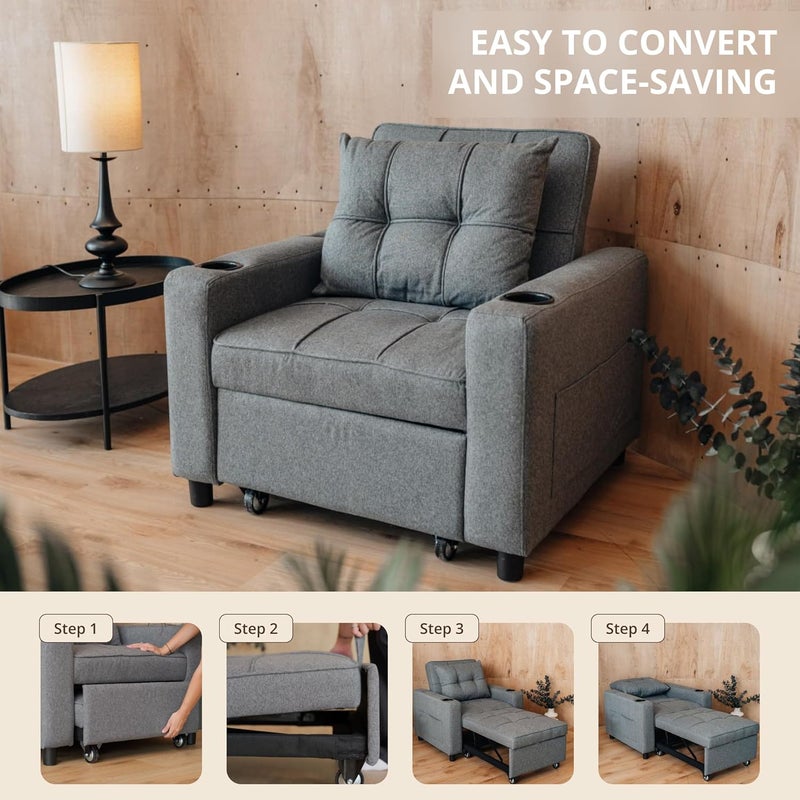 Sky Land Skyland Convertible Chair Sleeper Bed – 3 in 1 Compact Sofa with Cup Holders, Storage Pocket, USB & Type-C Charging Ports, Modern Foldable Lounge Chair (Grey) - Image 5