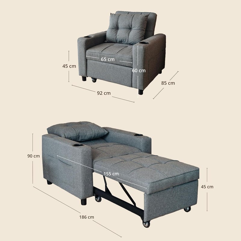 Sky Land Skyland Convertible Chair Sleeper Bed – 3 in 1 Compact Sofa with Cup Holders, Storage Pocket, USB & Type-C Charging Ports, Modern Foldable Lounge Chair (Grey) - Image 2
