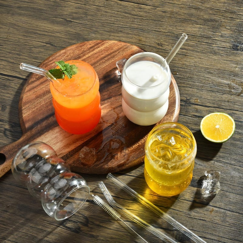 A-Link 16 oz Large Ribbed Glassware Drinking Glasses with Straws Set of 4, Crystal Vintage Glassware Iced Coffee Cups, Cocktail Glass Cups for Beer, Whiskey, Soda, Water, Tea, Milk,Juice - Image 3