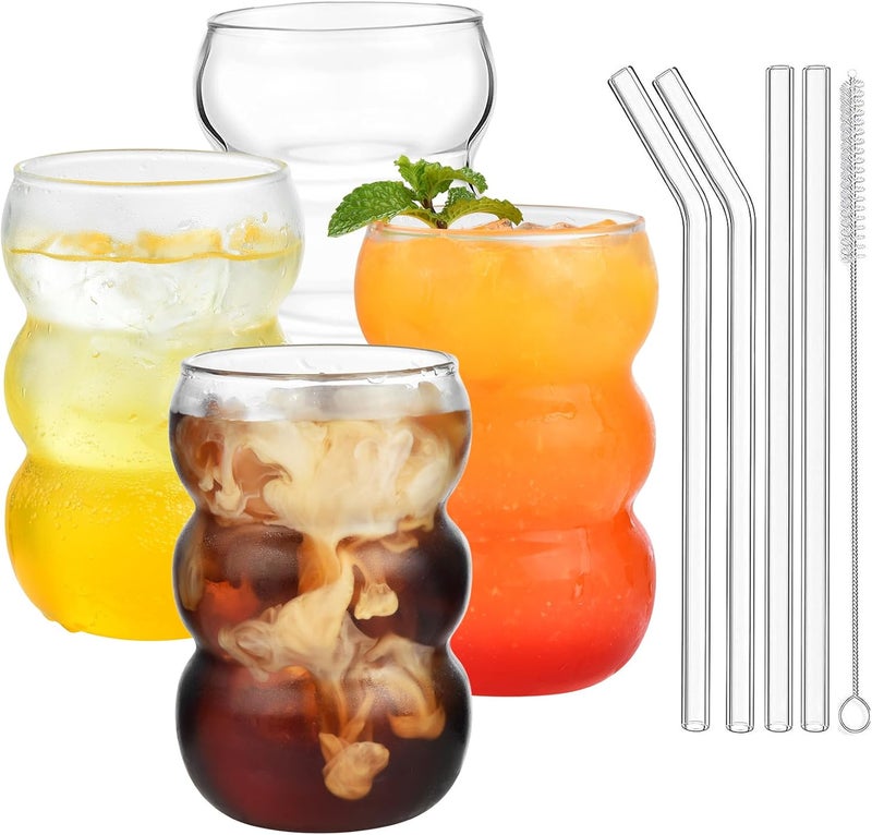 A-Link 16 oz Large Ribbed Glassware Drinking Glasses with Straws Set of 4, Crystal Vintage Glassware Iced Coffee Cups, Cocktail Glass Cups for Beer, Whiskey, Soda, Water, Tea, Milk,Juice - Image 1