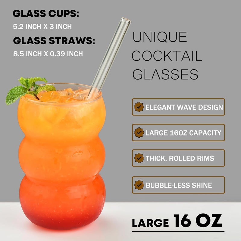 A-Link 16 oz Large Ribbed Glassware Drinking Glasses with Straws Set of 4, Crystal Vintage Glassware Iced Coffee Cups, Cocktail Glass Cups for Beer, Whiskey, Soda, Water, Tea, Milk,Juice - Image 2