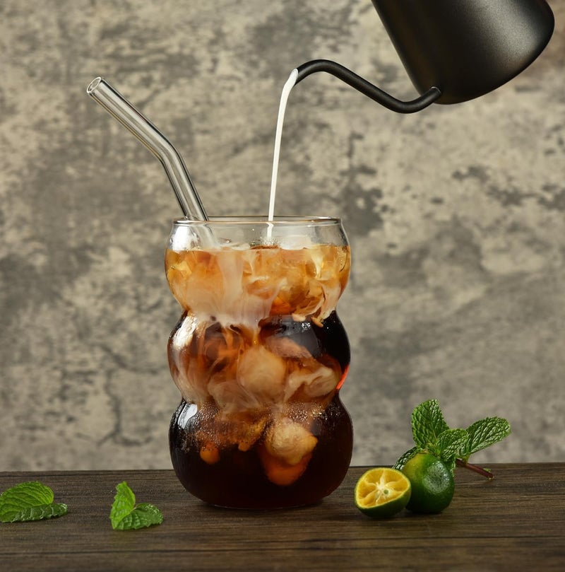 A-Link 16 oz Large Ribbed Glassware Drinking Glasses with Straws Set of 4, Crystal Vintage Glassware Iced Coffee Cups, Cocktail Glass Cups for Beer, Whiskey, Soda, Water, Tea, Milk,Juice - Image 4