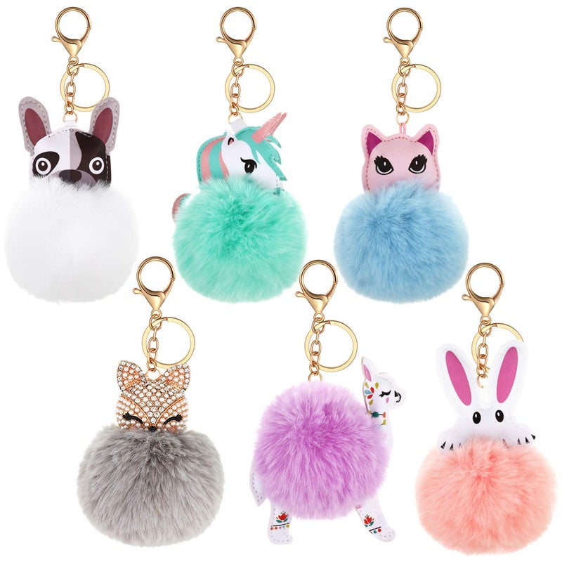 WILLBOND WILLBOND 6 Pieces Animal Pom Pom Keychain Cute Fluffy Ball Key Ring for Women Girls Bag Accessories(Sweet Style)  - Image 1