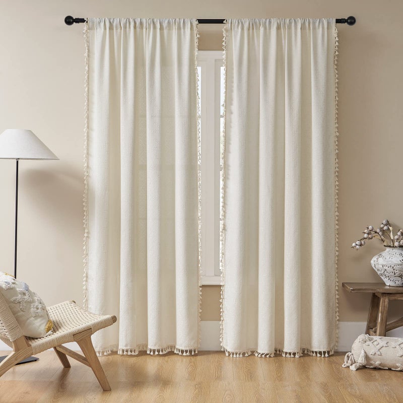 Joydeco Beige Boho Curtains 84 Inch Length 2 Panels Super Soft Bohemian Farmhouse Curtains with Tassels Semi Sheer Light Filtering Drapes for Bedroom Living Room Rod Pocket 52Wx84L