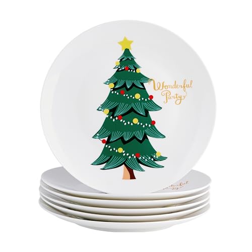 Swuut Christmas Dinner Plates - Set of 6, 10 inch Bone China - Dishwasher & Microwave Safe Holiday Tree Main Course Plates,Xmas Novelty Funny Gift for Women, Men,Family - Image 1