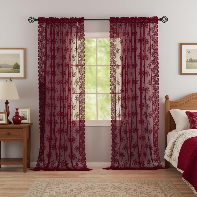 Kotile Burgundy Sheer Curtains 63 Inch Length 2 Panels Rustic Floral Cottagecore Maroon Lace Curtains for Bedroom, Rod Pocket Privacy Light Filtering Vintage Sheer Window Curtains, Each 42 x 63 Inch - Image 4