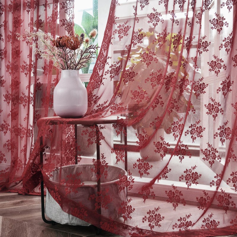 Kotile Burgundy Sheer Curtains 63 Inch Length 2 Panels Rustic Floral Cottagecore Maroon Lace Curtains for Bedroom, Rod Pocket Privacy Light Filtering Vintage Sheer Window Curtains, Each 42 x 63 Inch - Image 5