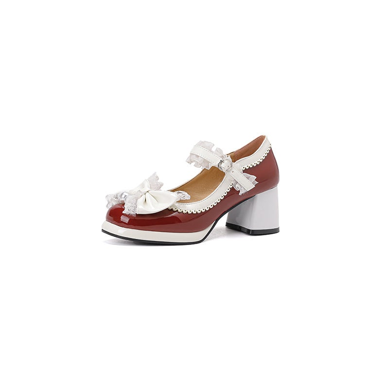In The Spring Of 2024 Thick High-Heeled Lace 32-43 Plus Size Bow Color Matching Shallow Mouth Shoes - Image 1