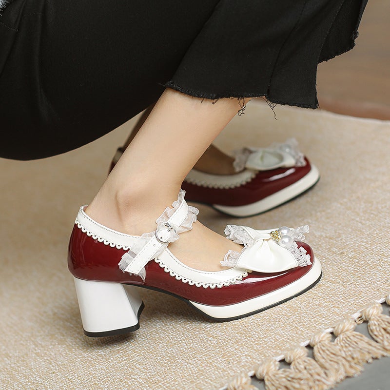 In The Spring Of 2024 Thick High-Heeled Lace 32-43 Plus Size Bow Color Matching Shallow Mouth Shoes - Image 5
