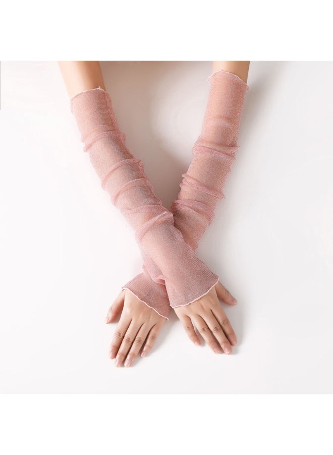 1 Pairs Women's Long Ultra-thin Lace Gloves Sun UV Protection, Cooling Mesh Tulle Sunscreen Sleeves Fingerless Arms Gloves for Indoor Outdoor - Pink  50cm - Image 1