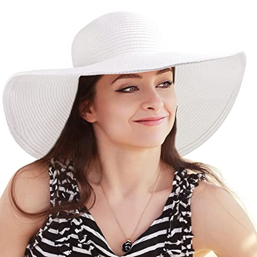 LADYBRO Beach Wide Brim Sun Hat Womens Sunhat Ladies Straw Floppy Large, White 7 1/4 - Image 1
