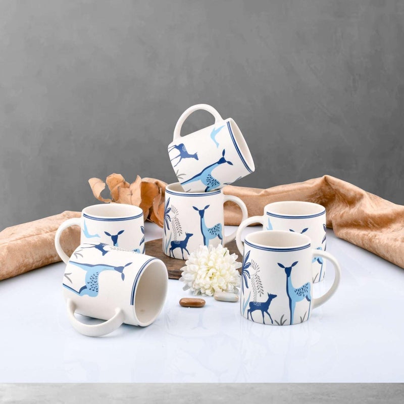 NOHUNT Coffee Milk Mugs Set of 6300 ML Each Coffee Mugs Microwave Safe Ceramic Coffee MugsTea Cups Large Glossy Finish Coffee Mugs Blue Deer Theme - Image 1