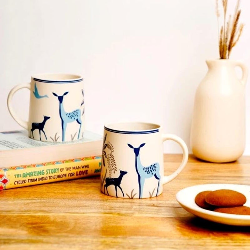 NOHUNT Coffee Milk Mugs Set of 6300 ML Each Coffee Mugs Microwave Safe Ceramic Coffee MugsTea Cups Large Glossy Finish Coffee Mugs Blue Deer Theme - Image 4