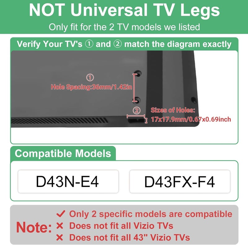 Varghesyla أرجل تلفزيون لحامل تلفزيون Vizio مقاس 43 بوصة، فقط لاستبدال قاعدة حامل تلفزيون Vizio موديلات D43FX-F4 و D43N-E4، أرجل بديلة لأرجل حامل تلفزيون Vizo مع براغي وتعليمات التركيب - Image 2