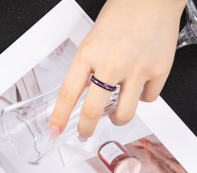 NUNCAD Women's Tungsten Rings 4mm Black Wedding Band Inlaid with Amethyst Center Polished Domed Comfort Fit Size 5-9 - Image 2