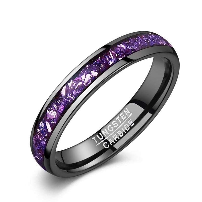 NUNCAD Women's Tungsten Rings 4mm Black Wedding Band Inlaid with Amethyst Center Polished Domed Comfort Fit Size 5-9 - Image 1