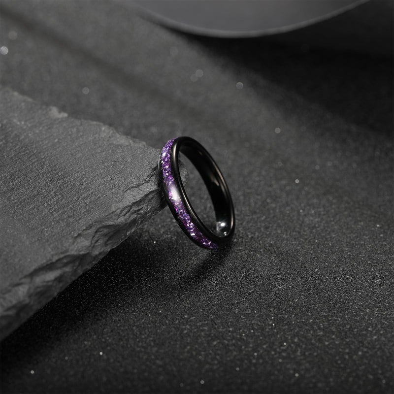 NUNCAD Women's Tungsten Rings 4mm Black Wedding Band Inlaid with Amethyst Center Polished Domed Comfort Fit Size 5-9 - Image 5