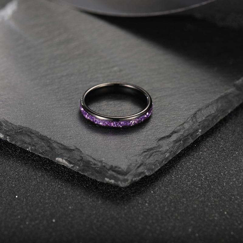 NUNCAD Women's Tungsten Rings 4mm Black Wedding Band Inlaid with Amethyst Center Polished Domed Comfort Fit Size 5-9 - Image 4