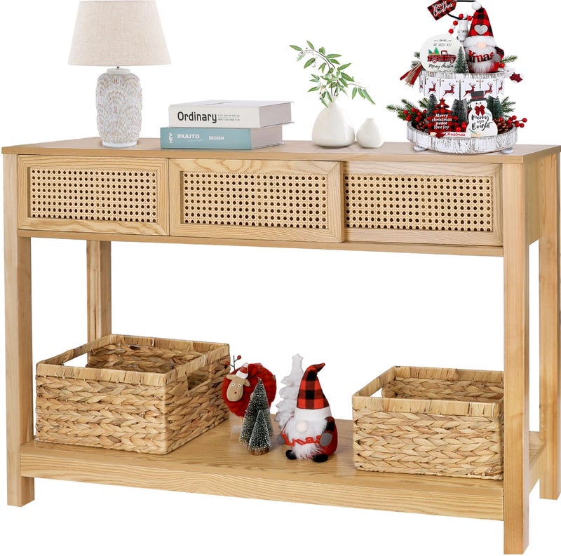 طاولة كونسول طويلة ZYBT طاولات كونسول لمدخل المنزل طاولة ضيقة حديثة من الخشب والراتان لطاولة الأريكة في المدخل أو الممر مع أدراج تخزين لغرفة المعيشة