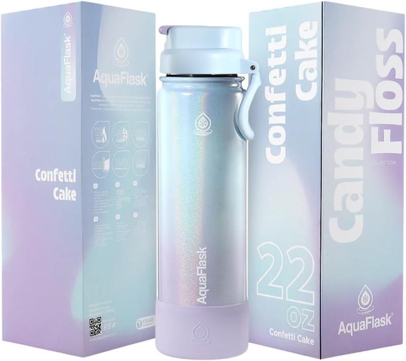 AquaFlask Candy Floss Water Bottle, 0.65L, Vacuum Insulated Stainless Steel, Double-Wall Leak-Proof Wide Mouth, Confetti Cake - Image 1