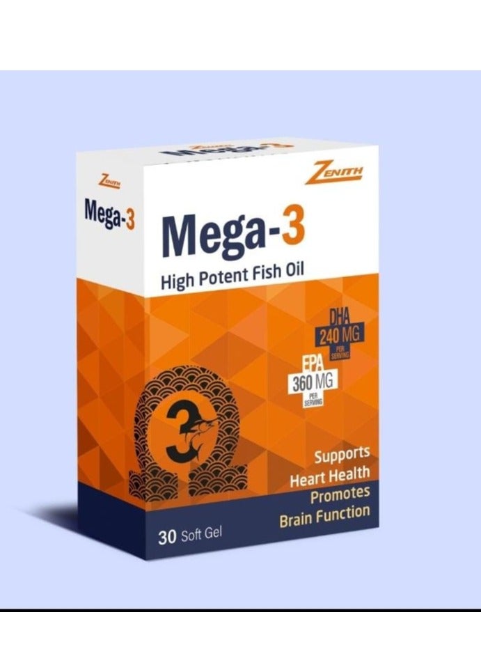 Zenith Mega-3 540mg Omega 3 Fish Oil Heart & Brain Support Supplement with EPA & DHA 30 softgels