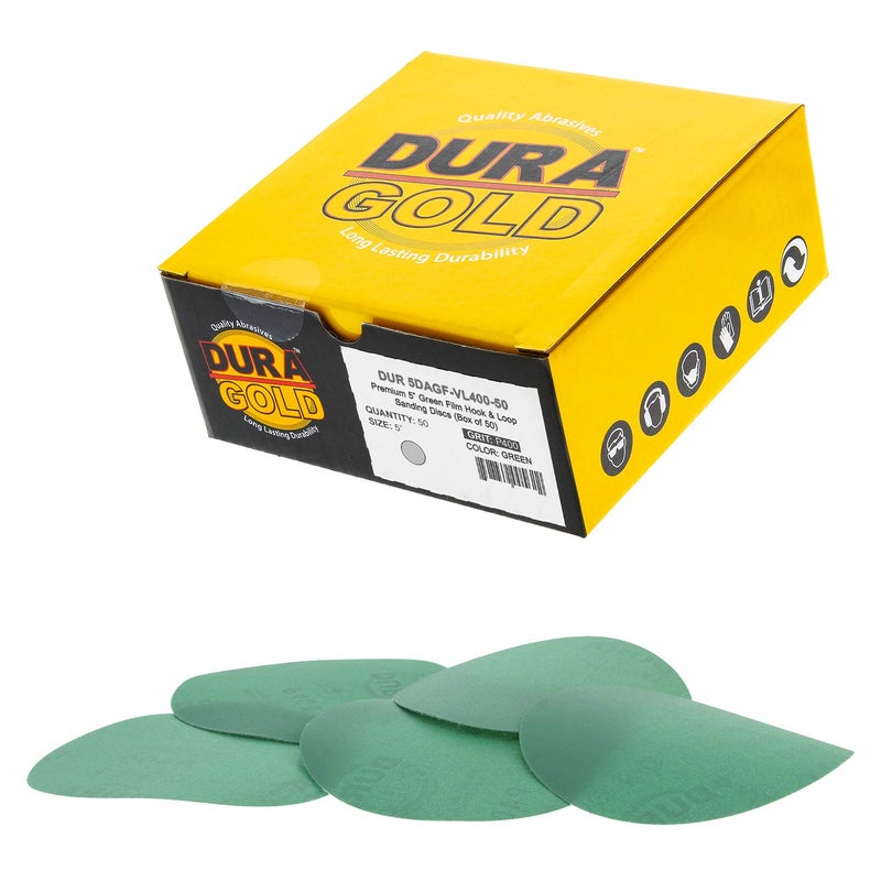 DuraGold Premium 5 Green Film Sanding Discs 400 Grit Box of 50 Hook Loop Backing Sandpaper Discs for DA Sanders Finishing Fine Cut Abrasive Sand Automotive Car Paint Woodworking Wood