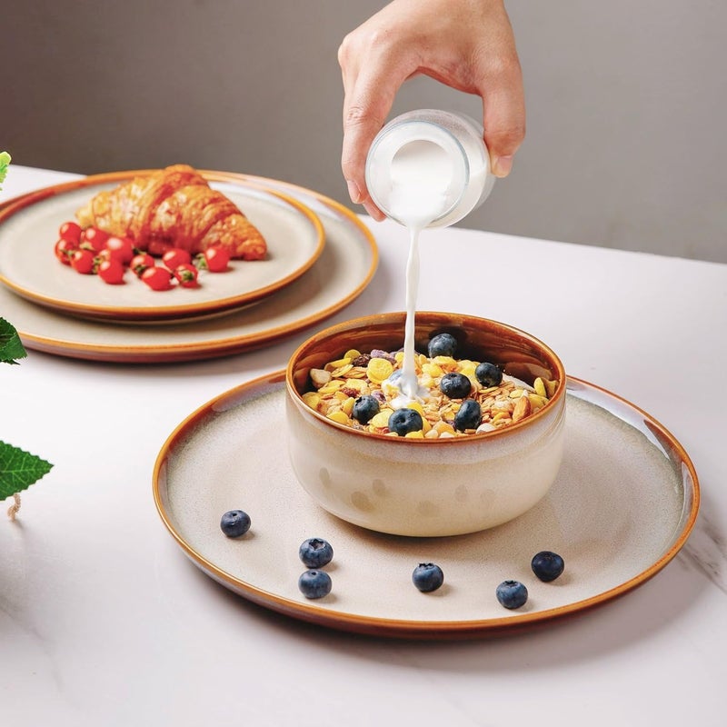 LeRatio Ceramic Dinnerware Sets for 4,12-Piece Plates and Bowls,Handmade Reactive Glaze Dishes Set,Chip Resistant and Scratch Resistant | Oven Dishwasher & Microwave Safe,Service for 4-Kahki - Image 3