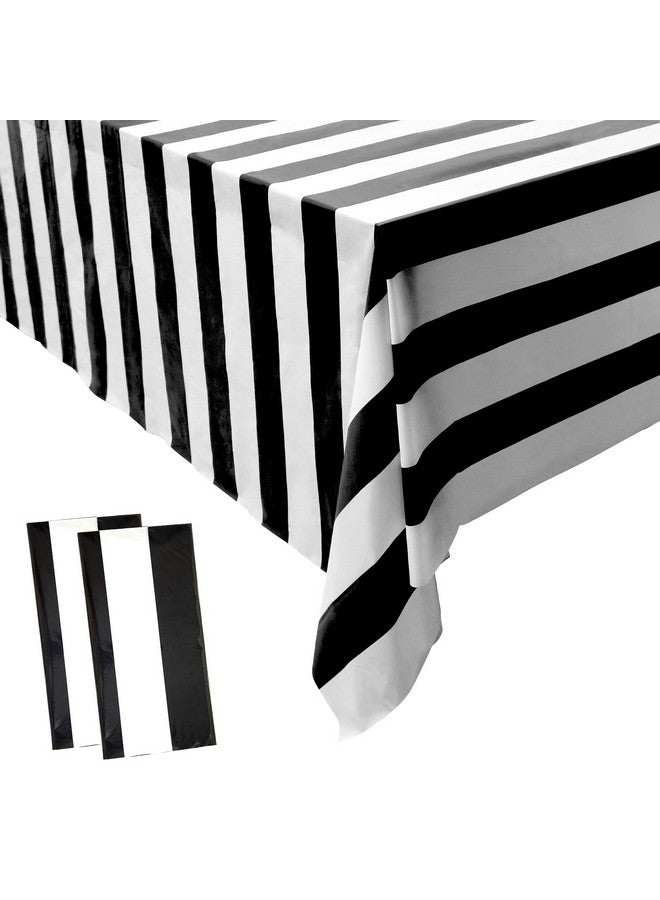 peony man 2 Pieces Black and White Striped Tablecloth Plastic Stripe Table Cover Waterproof Rectangle Tablecloth for Holiday Party Picnic Decoration - Image 1